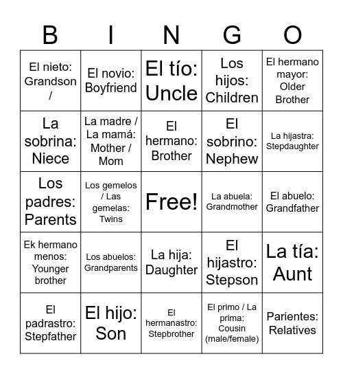 La Familia - Family Bingo Card