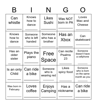 YOUTH HUMAN BINGO Card