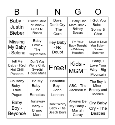 Baby Song Bingo! Bingo Card