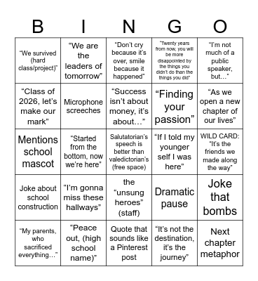Valedictorian/Salutatorian Speech Bingo Card