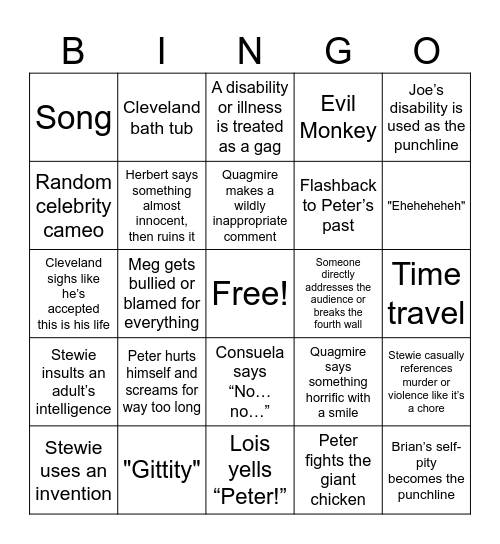 Family Guy Bingo Card