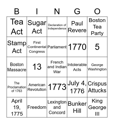 Revolutionary War  Bingo Card