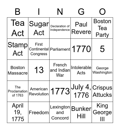 Revolutionary War  Bingo Card