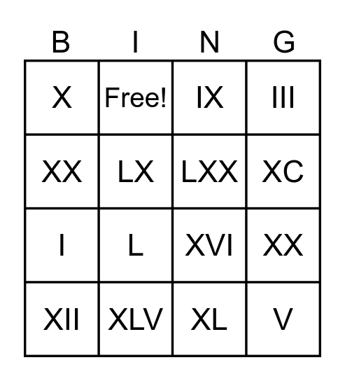 Números romanos Bingo Card