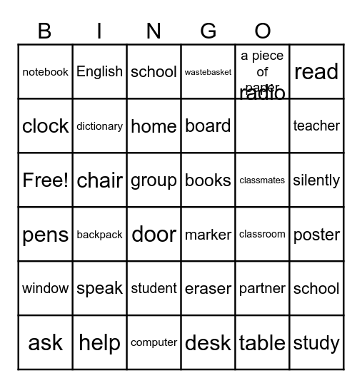 Classroom Vocabulary Bingo Card