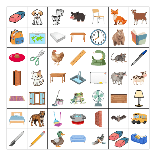 FE1 Unit 1: At School + In the House + Animals Bingo Card