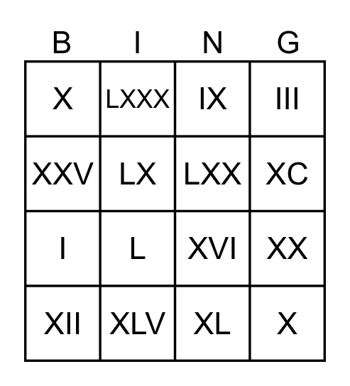 Números romanos Bingo Card