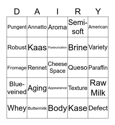 Cheese Terminology Bingo Card