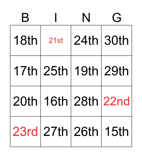 Oridinal number序數 Bingo Card