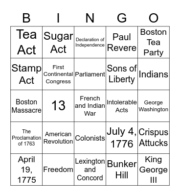 Revolutionary War  Bingo Card