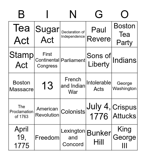 Revolutionary War  Bingo Card