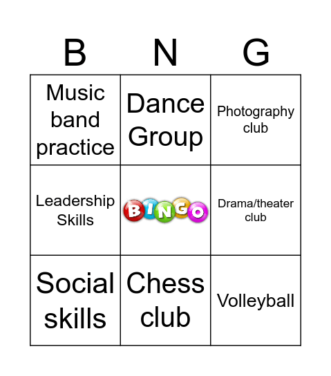 Extracurricular Activities Bingo Card