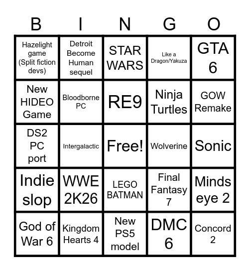 State of Play Bingo Card