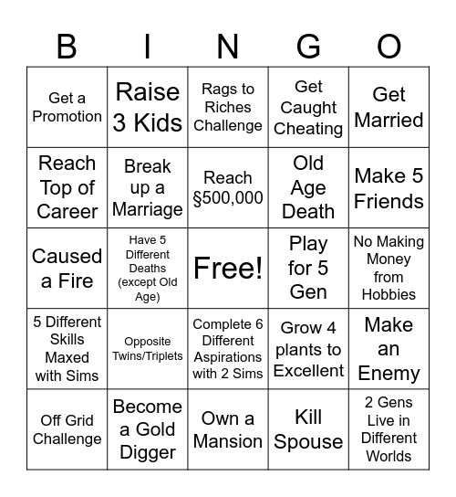 Sims 4 Base Game Bingo Card