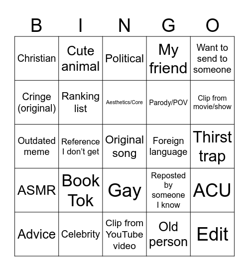 TikTok bingo Card
