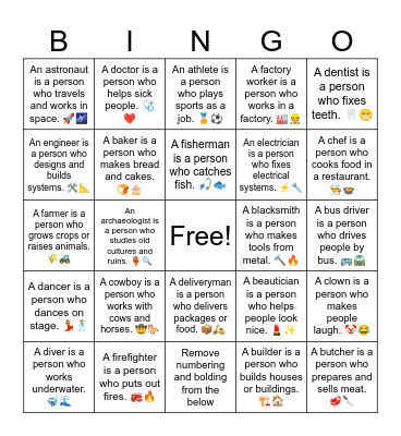 Jobs Card Game (1-30) Bingo Card