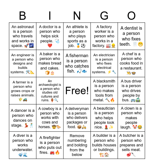 Jobs Card Game (1-30) Bingo Card