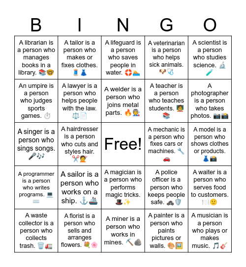 Jobs Card Game (31-60) Bingo Card