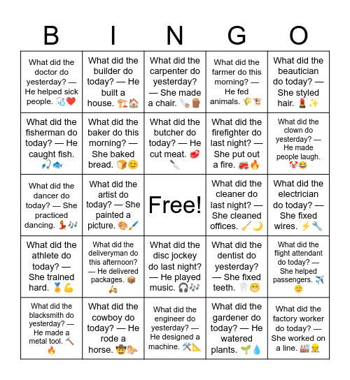 B10 L15 What did the dentist do yesterday? — She fixed teeth. 🦷😁 Bingo Card