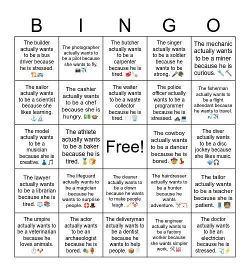 B10 L18 The umpire actually wants to be a veterinarian because he loves animals. ⏱️🐶 Bingo Card