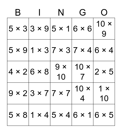 Înmulțiri 1-10 Bingo Card
