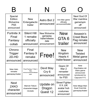 Sony State Of Play Bingo Card