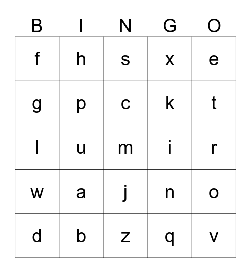letter sounds Bingo Card