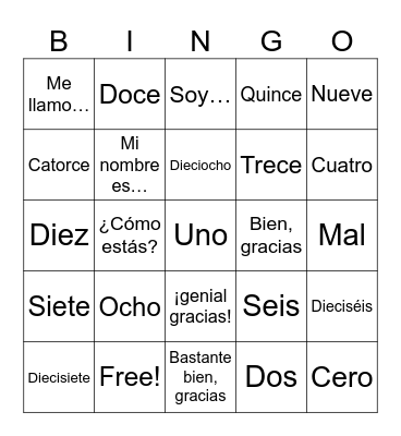 How are you and numbers Bingo Card