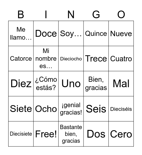 How are you and numbers Bingo Card