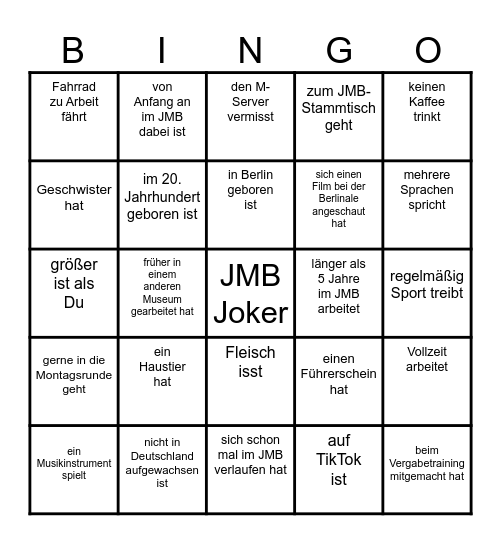 JMB Bingo: Finde eine Person, die... Bingo Card