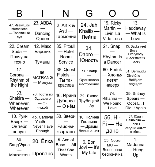Muzbingo DNL Bingo Card