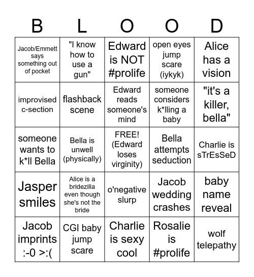 Breaking Dawn Part 1 Bingo Card