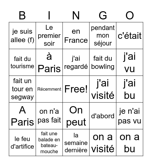 un voyage récent Bingo Card