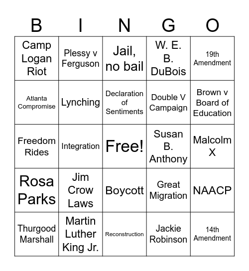 Civil Rights Review Bingo Card