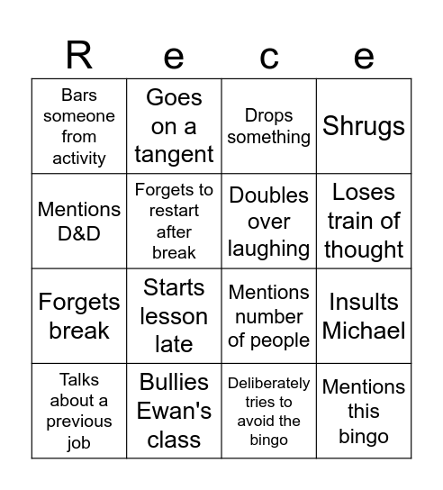 Reece Bingo Card