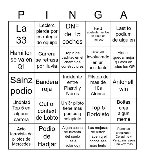 Bingo Liam Bingo Card