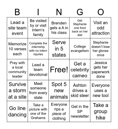 Intern Bingo Card