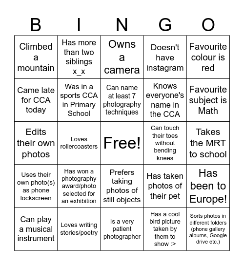 Photography Bingo Card