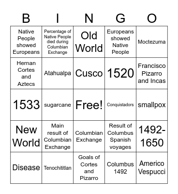 Conquest and Exchange Bingo Card