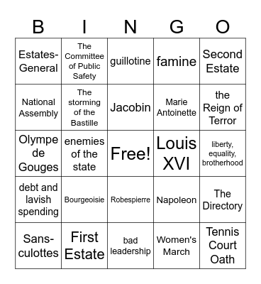 French Revolution Bingo Card