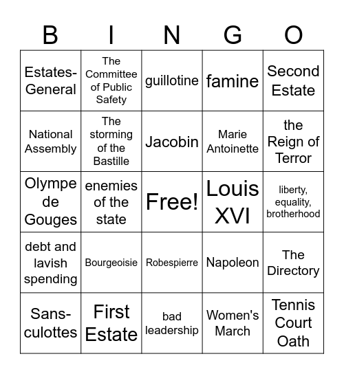 French Revolution Bingo Card