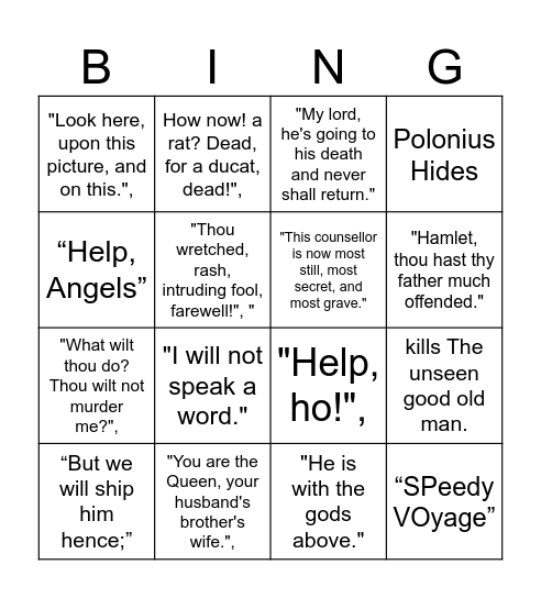 Hamlet Bingo- Act 3, Scene 4 Bingo Card