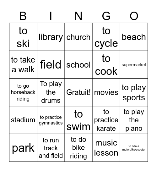 Faire/Prepositions Bingo Card