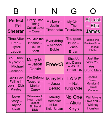 LOVE SONGS Bingo Card