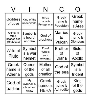 Mythology Museum Bingo Card