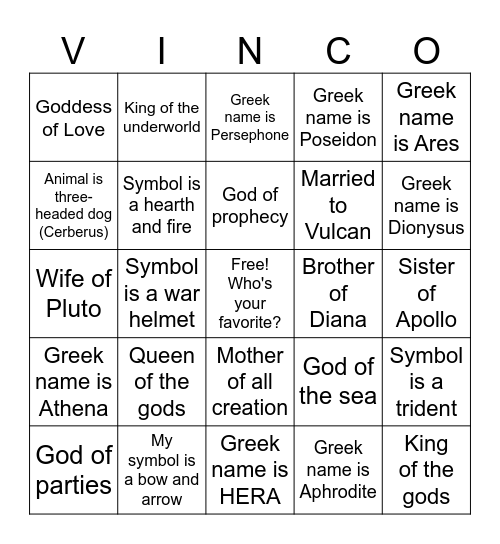 Mythology Museum Bingo Card