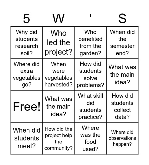 School Garden Project Bingo Card