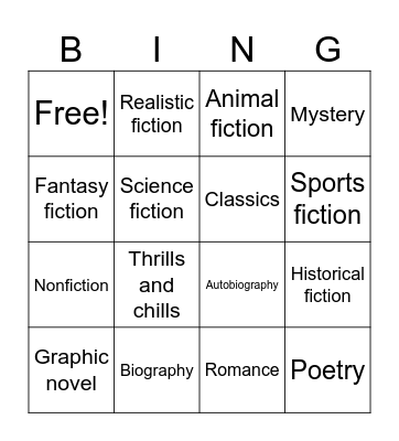 Reading Genre Bingo Card