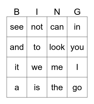Sight Words Bingo Card