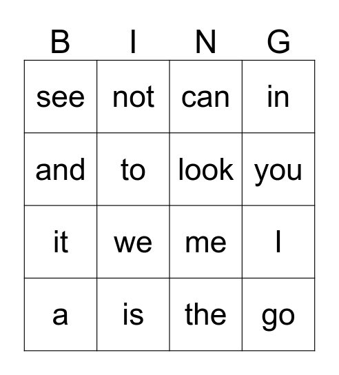 Sight Words Bingo Card